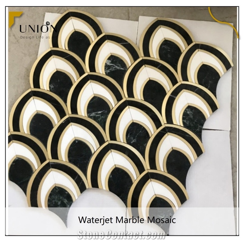 Water Jet White and Black Marble Mosaic With Gold Metal
